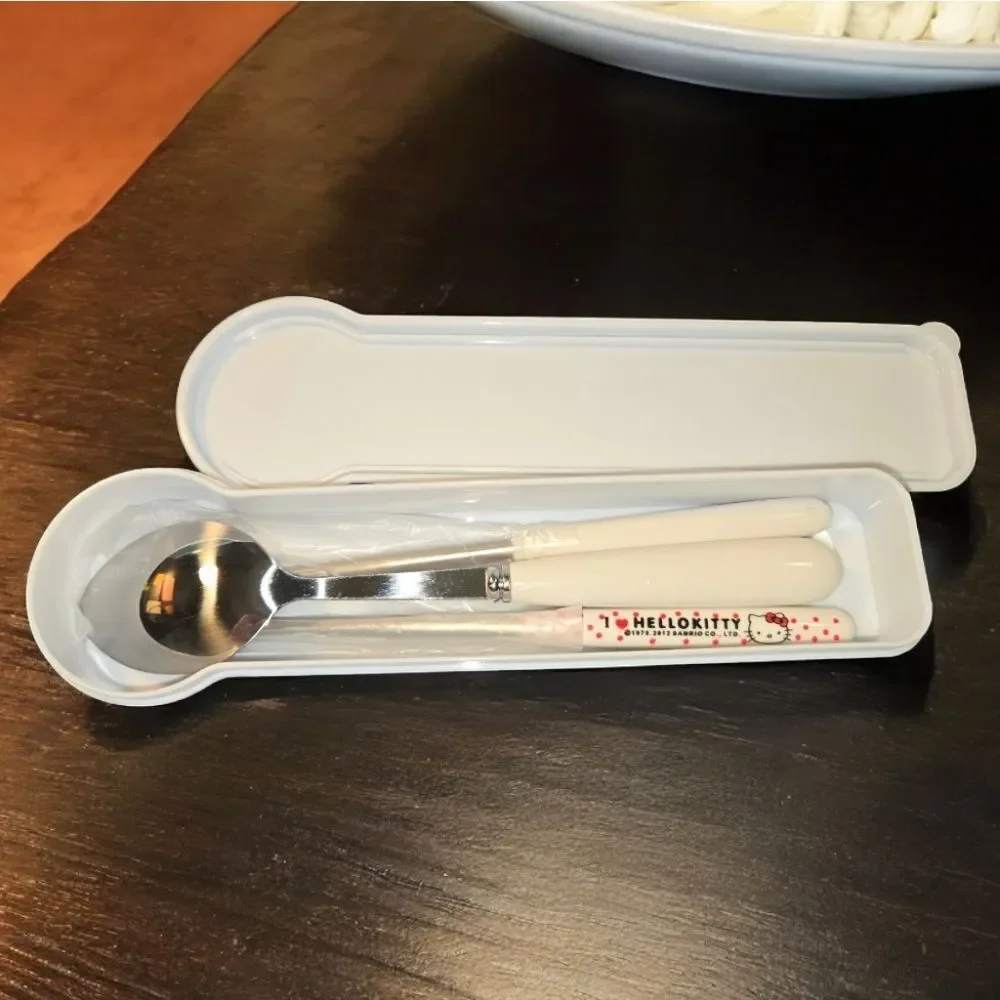 Hello Kitty Chopsticks Spoon Set Travel Case Kawaii Lunch Utensils 4pc NWT